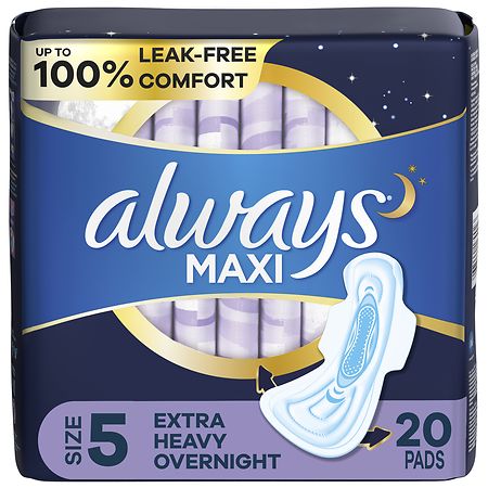 Always Maxi Overnight Pads With Wings For Women, Extra Heavy Overnight Absorbency Unscented, Size 5 (20 ct)