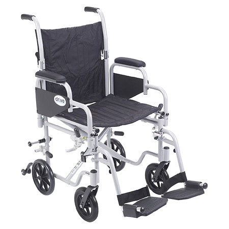 Drive Medical Poly Fly Light Weight Transport Chair Wheelchair with Swing away Footrests 18" Seat Silver