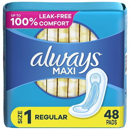 Always Maxi Feminine Pads without Wings for Women, Regular Absorbency Unscented, Size 1 (48 ct)