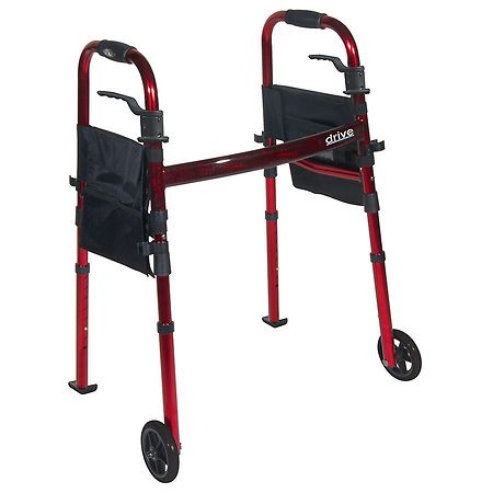 Drive Medical Portable Folding Travel Walker with Wheels & Fold up Legs 5 inch Wheels Red