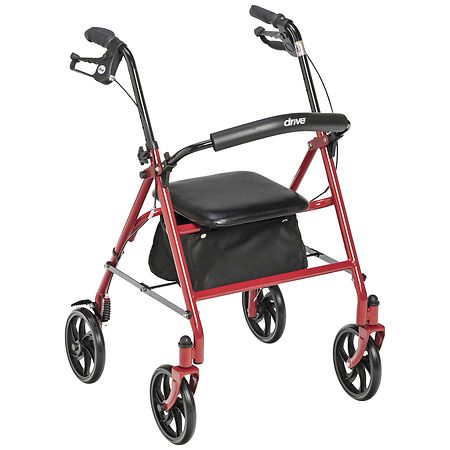 Drive Medical Four Wheel Rollator Rolling Walker with Fold Up Removable Back Support Red