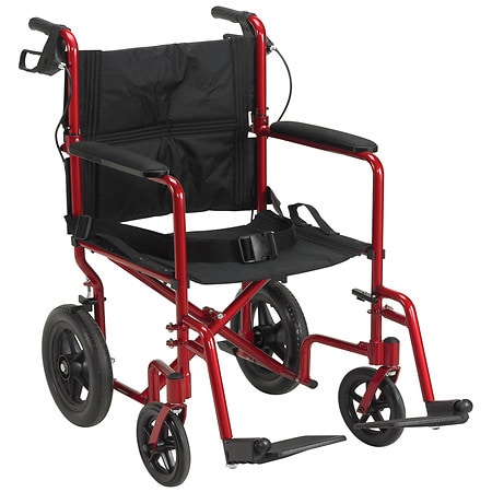 Drive Medical Lightweight Expedition Transport Wheelchair with Hand Brakes 19 Inch Red