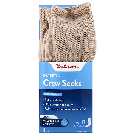 Walgreens Diabetic Crew Socks Unisex Women's 9-13, Men's 7-12 Beige