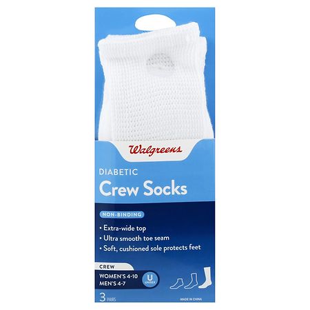 Walgreens Diabetic Crew Socks Unisex Women's 4-10, Men's 4-7 White