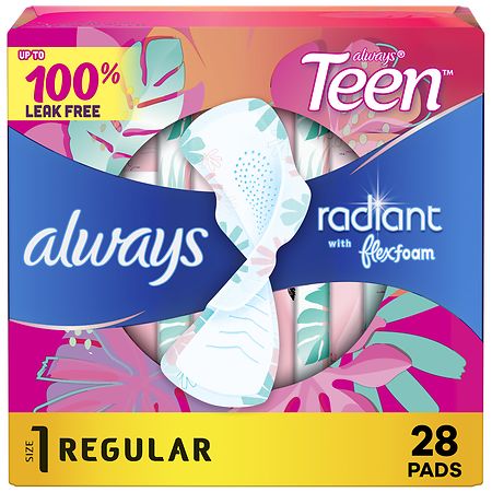 Always Radiant Teen Pads, Regular, With Wings Scented, Size 1 (28 ct)