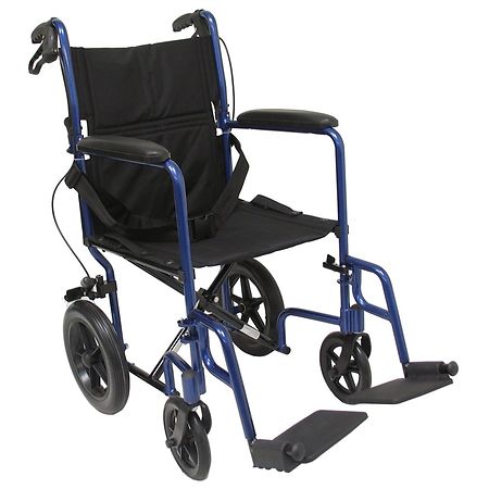 Karman LT-1000HB-BL Folding Aluminum Transport Chair With Companion Brakes 19 Inch Seat Width Blue