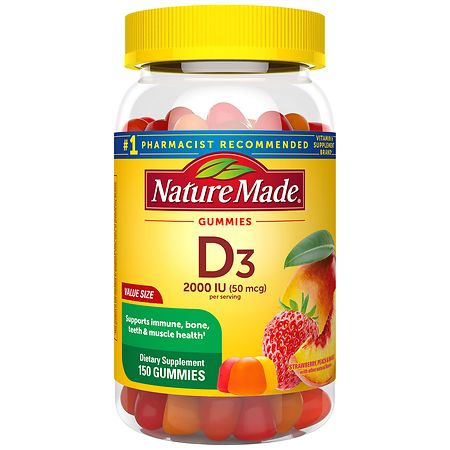 Nature Made Vitamin D3 2000 IU (50 mcg) Per Serving Gummies Strawberry, Peach & Mango