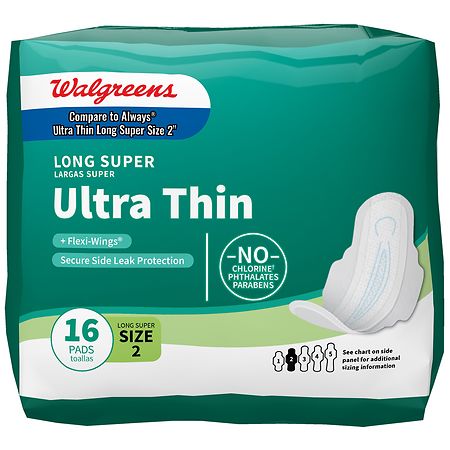 Walgreens Ultra Thin Maxi Pads, Long Super, With Flexi-Wings Unscented, Size 2