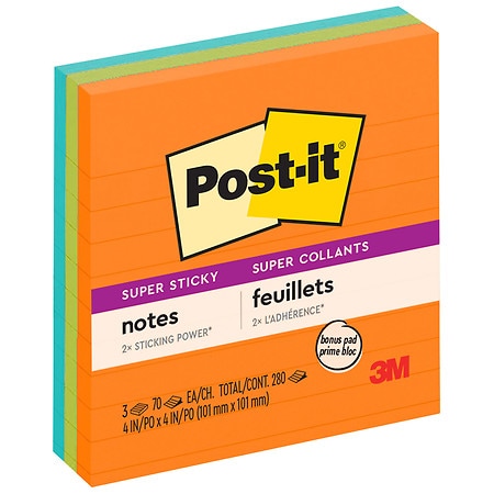 Post-it Super Sticky Notes, 4 in x 4 in, Lines, Assorted Bright Colors Assorted Bright Colors