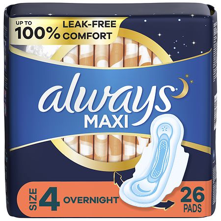 Always Maxi Overnight Pads With Wings For Women Unscented, Size 4 (26 ct)