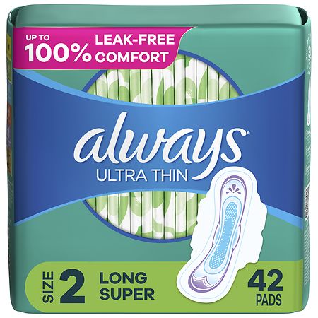 Always Ultra Thin Feminine Pads with Wings for Women, Long Super Absorbency Unscented, Size 2 (ct 42)