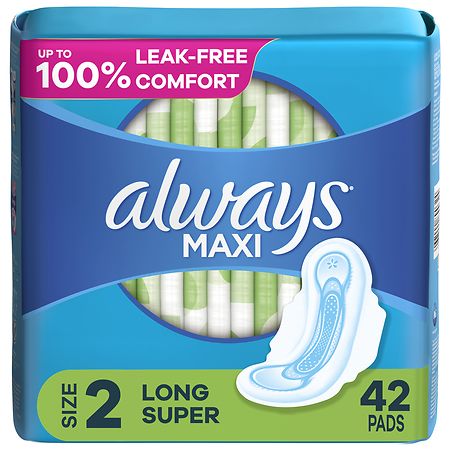 Always Maxi Feminine Pads With Wings For Women, Long Super Unscented, Size 2 (42 ct)