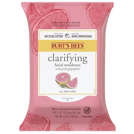 Burt's Bees Clarifying Facial Cleanser and Makeup Remover Towelettes for All Skin Types Pink Grapefruit
