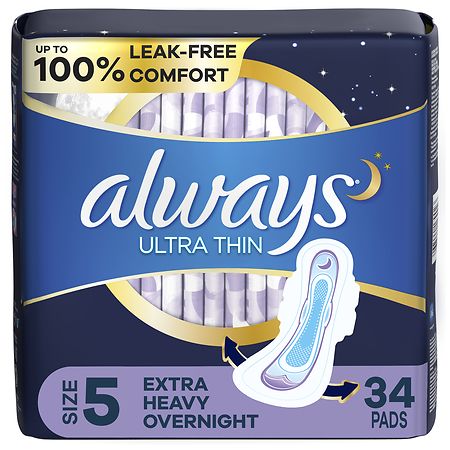Always Ultra Thin Overnight Pads With Flexi-Wings, Extra Heavy Unscented, Size 5 (34 ct)