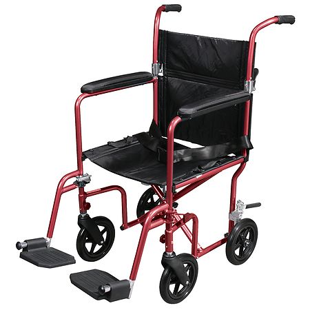 Drive Medical Flyweight Lightweight Transport Wheelchair with Removable Wheels 19 Inch Seat Red