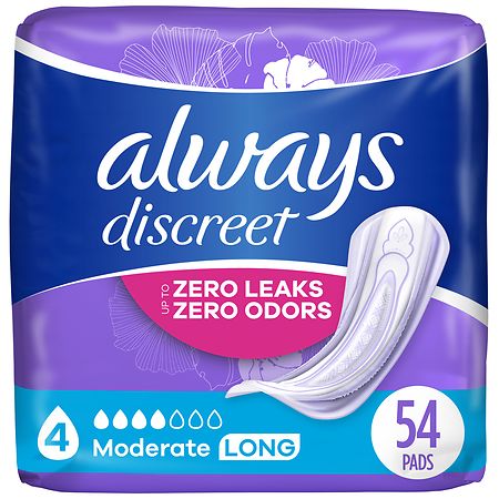 Always Discreet Adult Incontinence Pads for Women, Moderate 4, Long (54 ct)