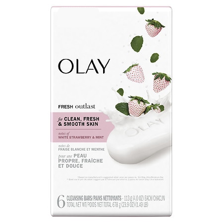 Olay Beauty Soap Bar Notes of White Strawberry & Mint, 6 bars, 4oz each