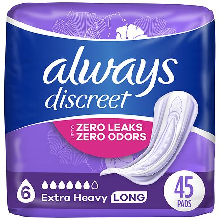 Always Discreet Adult Incontinence Pads for Women, Extra Heavy Long, 6 (45 ct)