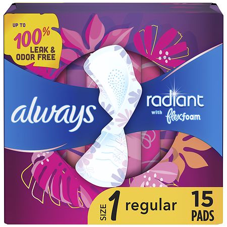 Always Radiant Feminine Pads for Women, Regular, With Wings Light Clean, Size 1 (15 ct)