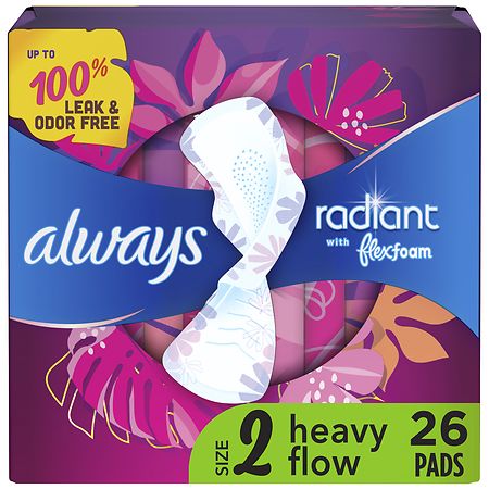 Always Radiant Feminine Pads For Women, Heavy, With Wings Light Clean, Size 2 (26 ct)