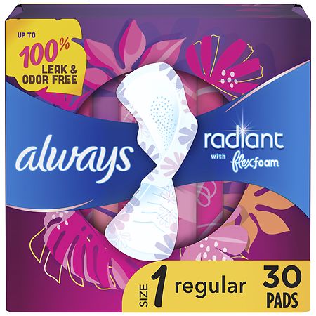 Always Radiant Feminine Pads For Women, Regular, With Wings Light Clean, Size 1 (30 ct)