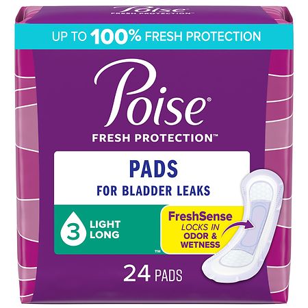 Poise Incontinence Pads, Postpartum Incontinence Pads, 3 Drop Light Absorbency, Long Long (24 ct)