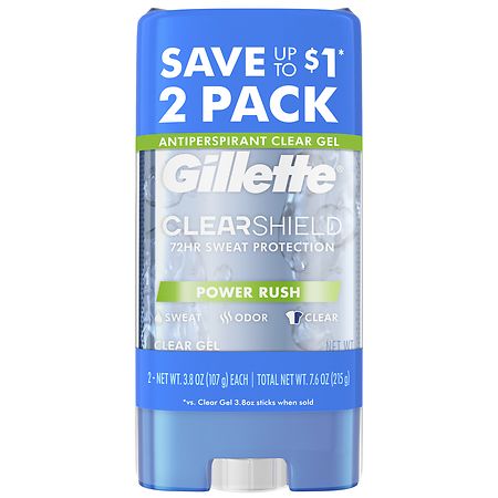 Gillette Clearshield Clear + Dri Tech Clear Gel Antiperspirant Deodorant Power Rush, Twin Pack