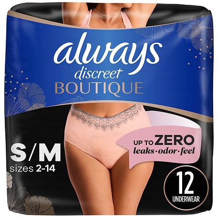 Always Discreet Boutique Incontinence and Postpartum Underwear for Women, Maximum Protection S/ M (12 ct), Rosy Rosy