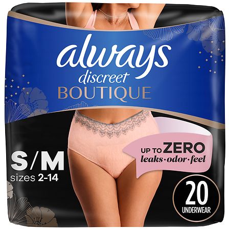 Always Discreet Boutique Incontinence and Postpartum Underwear for Women, Maximum Protection S/ M (20 ct), Rosy Rosy