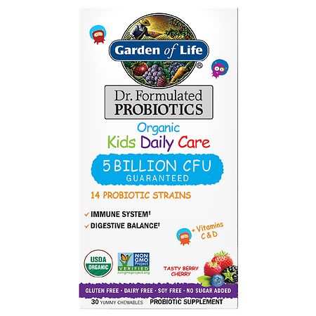 Garden of Life Dr. Formulated Organic Kids Daily Care Probiotic Supplement Chewables Tasty Berry Cherry