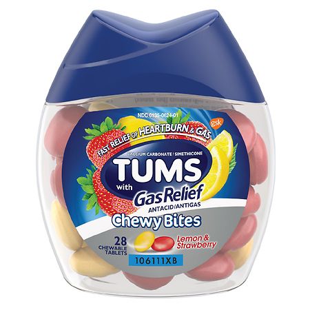 Tums Chewy Bites Antacid with Gas Relief Hard Shell Chews Lemon & Strawberry