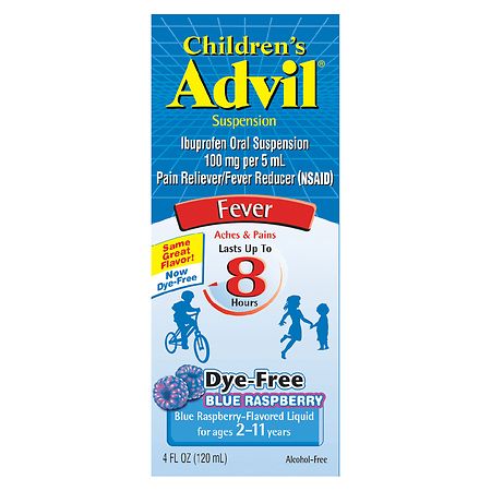 Children's Advil Suspension Ibuprofen Fever Reducer, Dye-Free, Liquid Pain Medicine Blue Raspberry