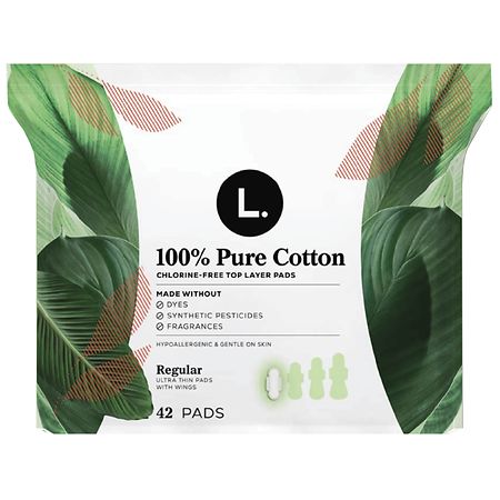 L. Ultra Thin Pads for Women, 100% Pure Cotton Top Layer Pads with Wings Unscented, Regular