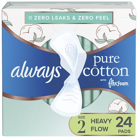 Always Pure Cotton Feminine Pads For Women, With Wings, Heavy Unscented, Size 2 (24 ct)