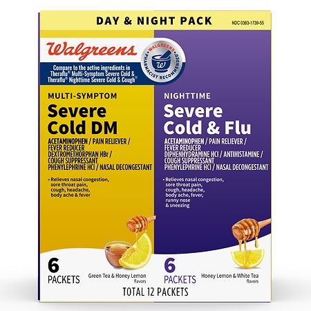 Walgreens Multi-Symptom Severe Cold DM & Nighttime Severe Cold & Flu Packets Green Tea & Honey Lemon/ Honey Lemon & White Tea