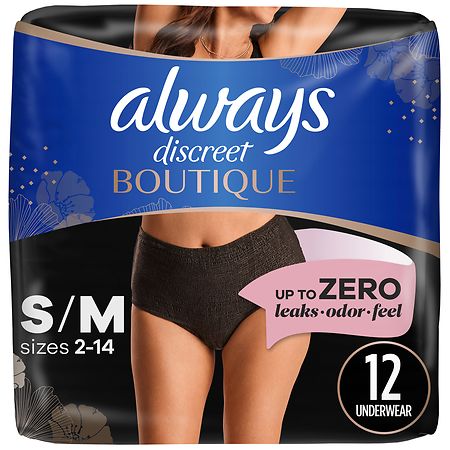 Always Discreet Boutique Incontinence and Postpartum Underwear for Women, Maximum Protection S/ M Black