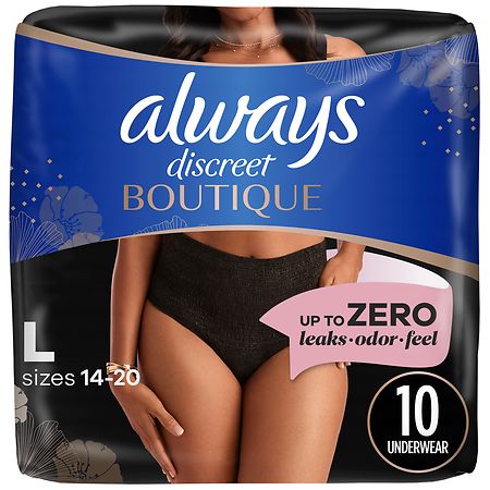 Always Discreet Boutique Incontinence and Postpartum Underwear for Women, Maximum Protection L Black