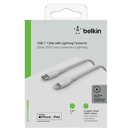 Belkin Braided USB-C to Lightning Cable (1m /  3.3ft, White)