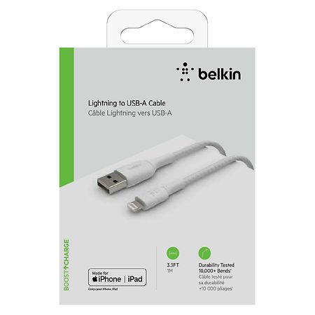Belkin BOOST CHARGE Braided Lightning to USB-A Cable (1m /  3.3ft, White)