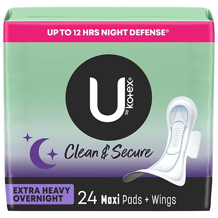 U by Kotex Clean & Secure Maxi Pads With Wings Extra Heavy Absorbency Unscented, Overnight (24 Ct)