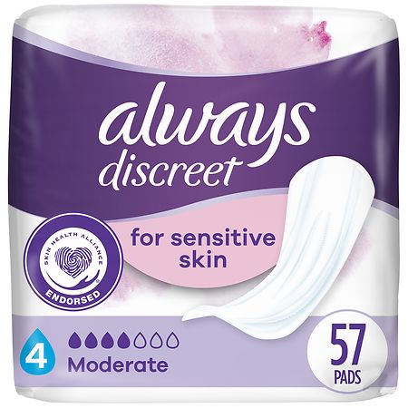 Always Discreet Incontinence Pads for Bladder Leaks Sensitive Skin Pads Moderate (57 ct)