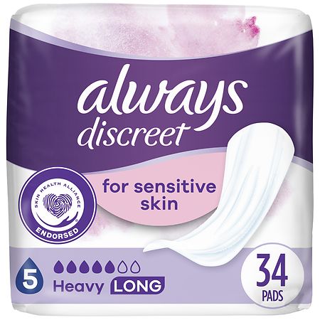 Always Discreet Incontinence Pads for Bladder Leaks Sensitive Skin Pads, Heavy Long (34 ct)