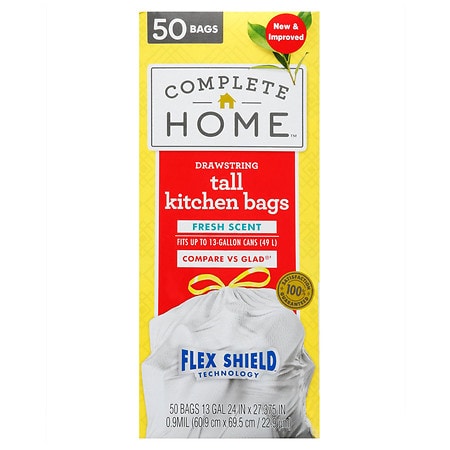 Complete Home Drawstring Flex Shield Kitchen Bags 13 Gallon Fresh Clean, 13 Gallons, White White