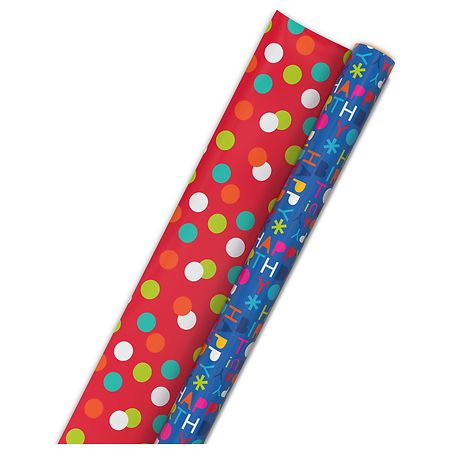 Hallmark Reversible Wrapping Paper, Blue Happy Birthday/ Red With Dots