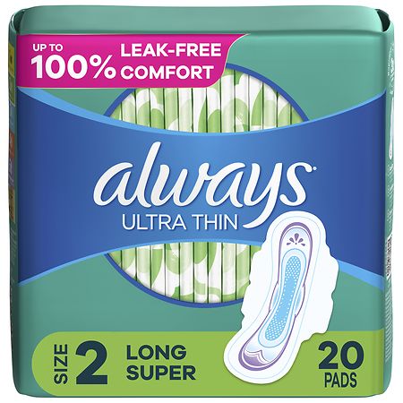 Always Ultra Thin Feminine Pads with Wings for Women, Long Super Absorbency Unscented, Size 2 (ct 20)