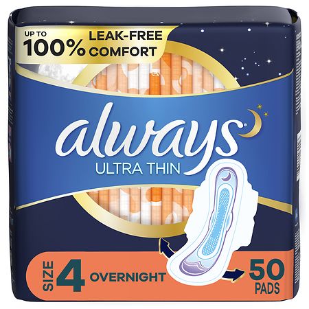 Always Ultra Thin Overnight Pads with Flexi-Wings, Overnight Unscented, Size 4 (ct 52)