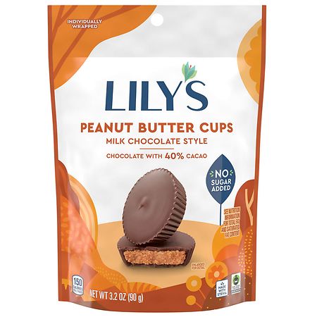 Lily's Milk Chocolate Style Peanut Butter No Sugar Added Cups, Gluten Free, Bag Milk Chocolate Style