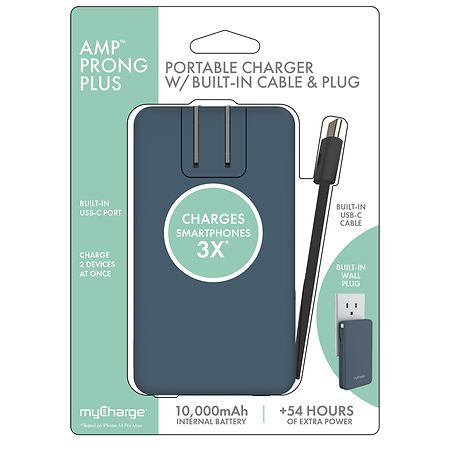 MyCharge Portable Charger with Built-In Cable & Plug Blue