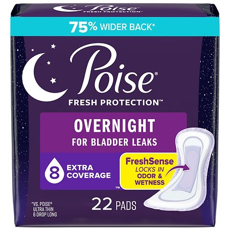 Poise Incontinence Pads, Postpartum Incontinence Pads, 8 Drop Extra Coverage Overnight (22 Ct)