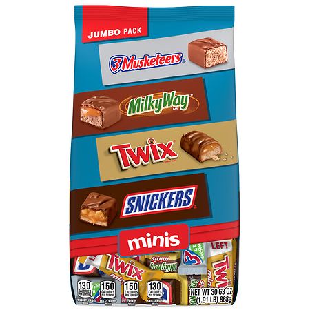 Mars Fun Size Variety Pack Minis Chocolate Candy Bars Variety Jumbo Bulk 3 Musketeers, Snickers, Milky Way, Twix